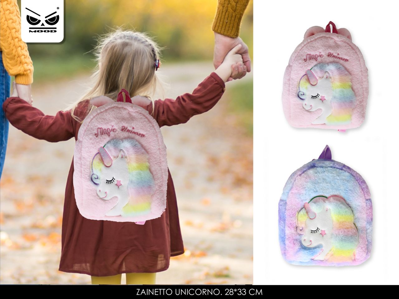Zainetto unicorno in peluche con doppia tasca misura 28x33cm