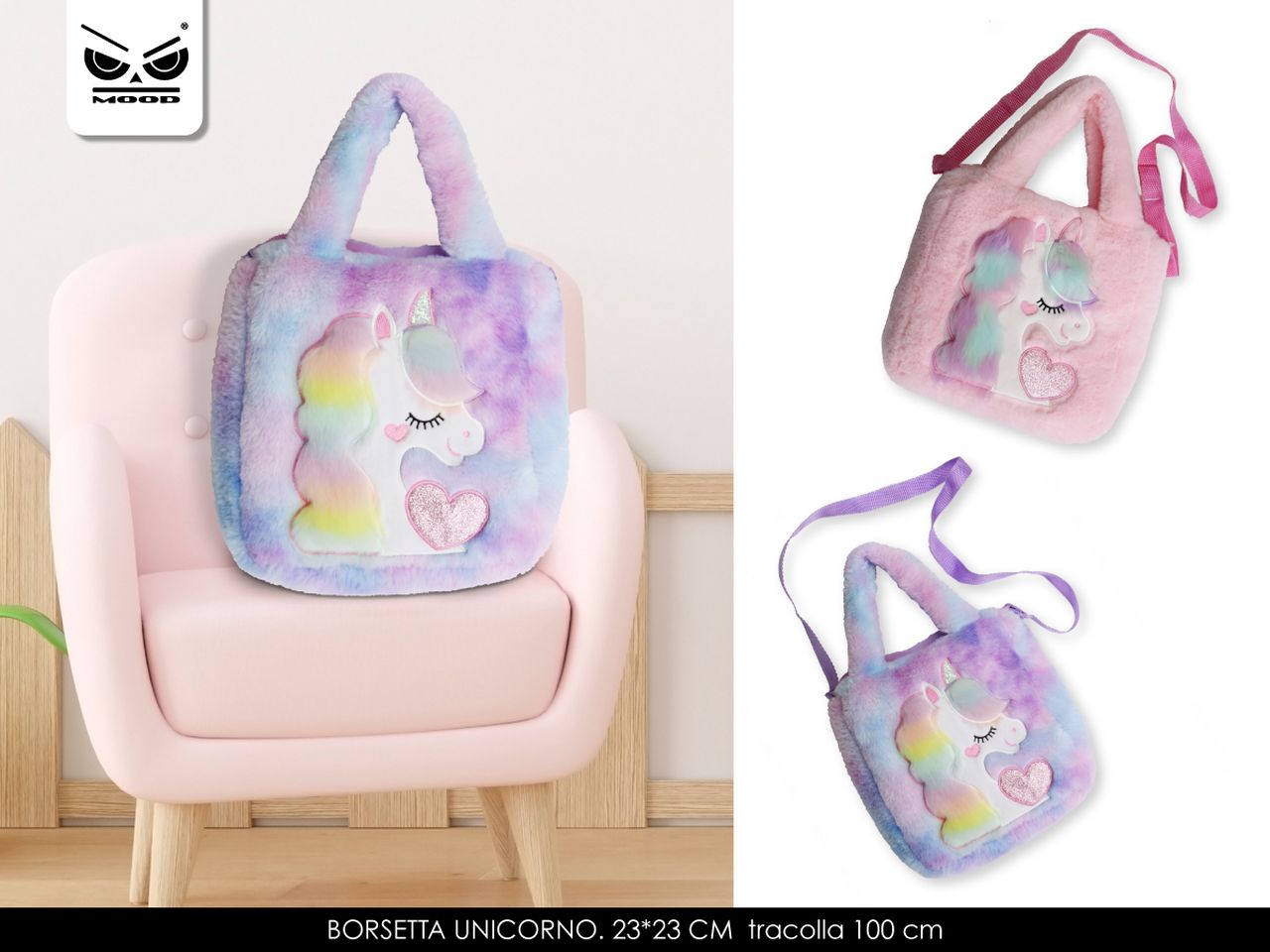 Borsetta unicorno misura 23x23cm tracolla 100cm
