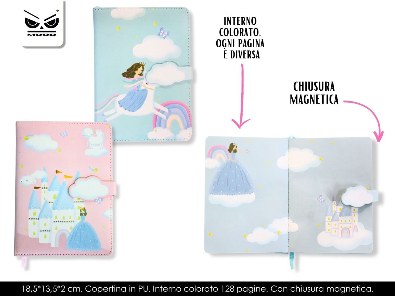 Notebook diario segreto principessa misura 18,5x13,5x2cm con chiusura magnetica