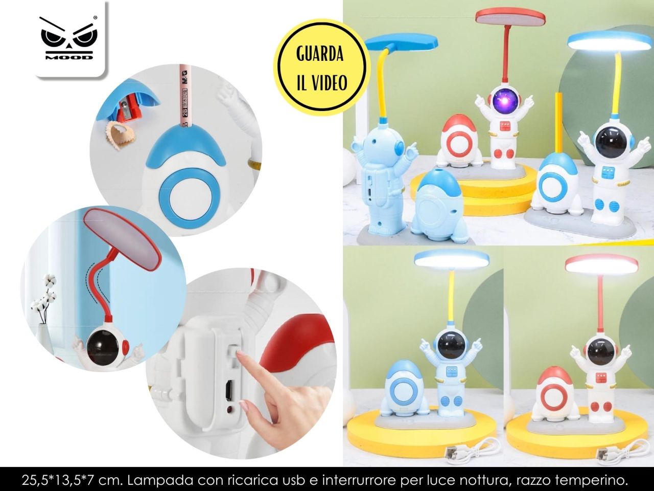 Lampada astronauta misura 25,5x13,5x7cm con ricarica usb luce normale o notturna