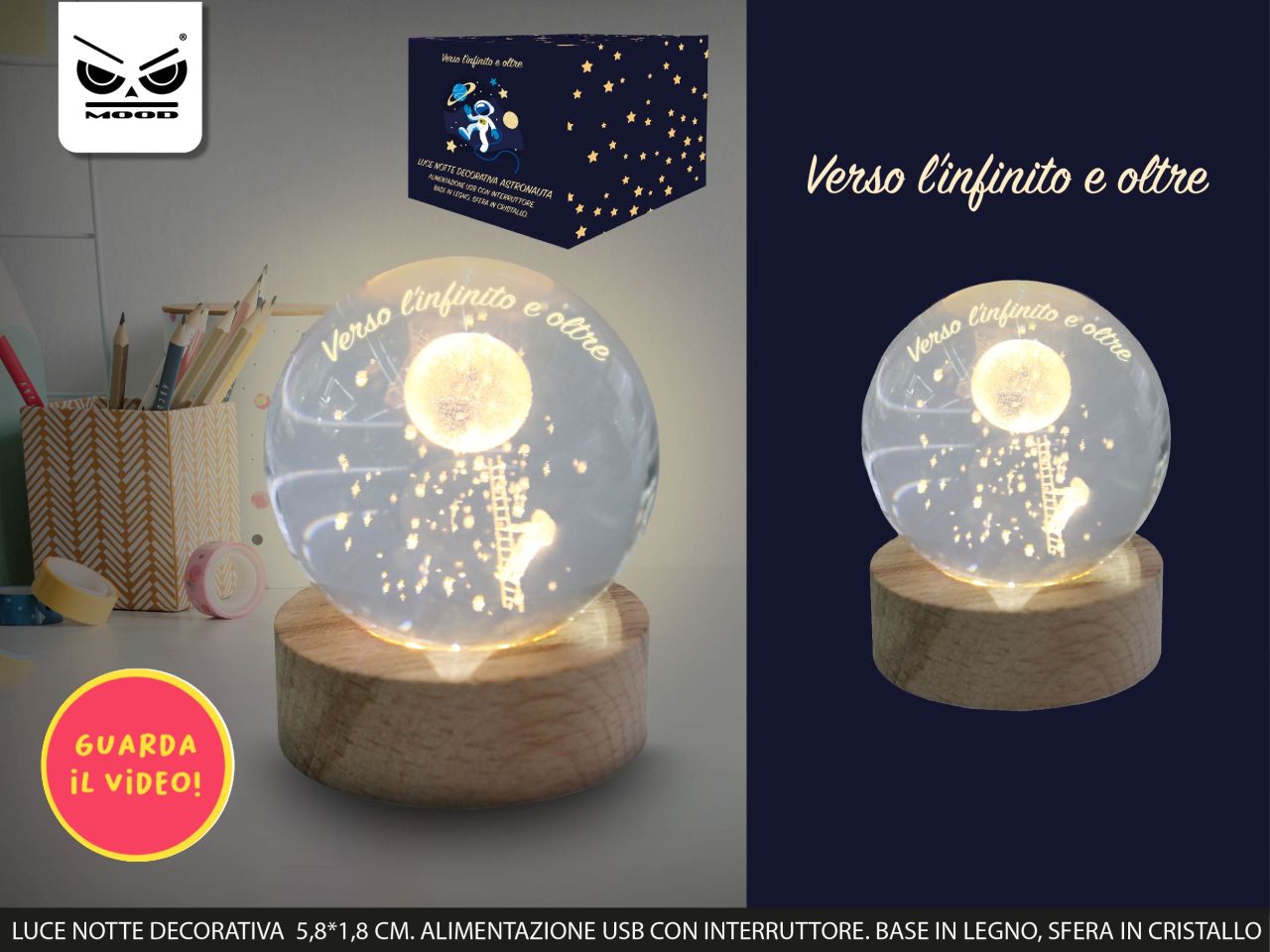 Luce notte decorativa astronauta con base in legno misura 5,8x1,8cm alimentazione usb sfera in cristallo