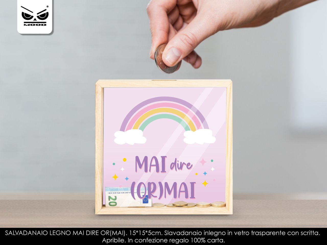Salvadanaio in legno mai dire (or)mai misura 15x15x5cm