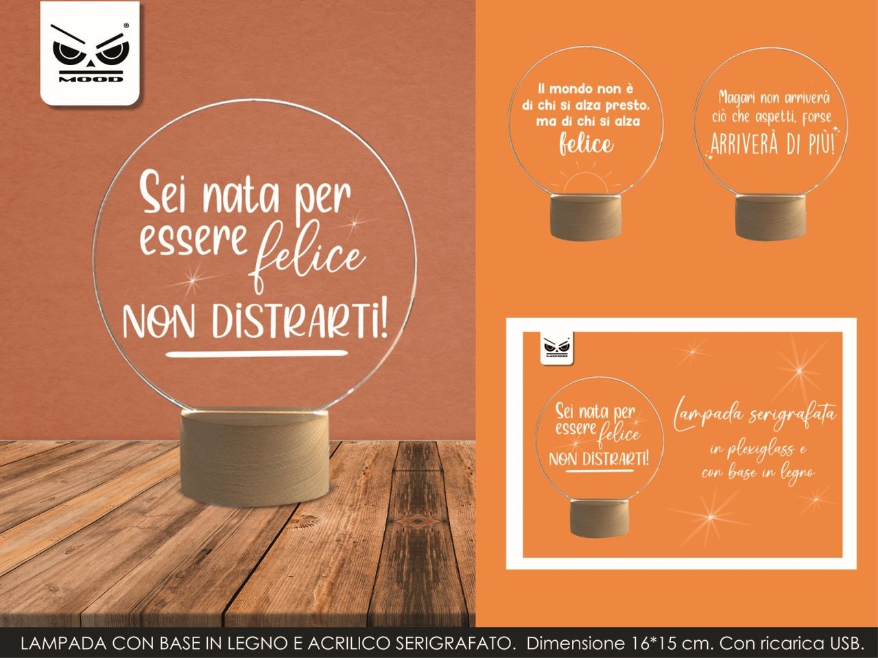 Lampada plexy con base in legno motivational misura 16x15cm con ricarica usb