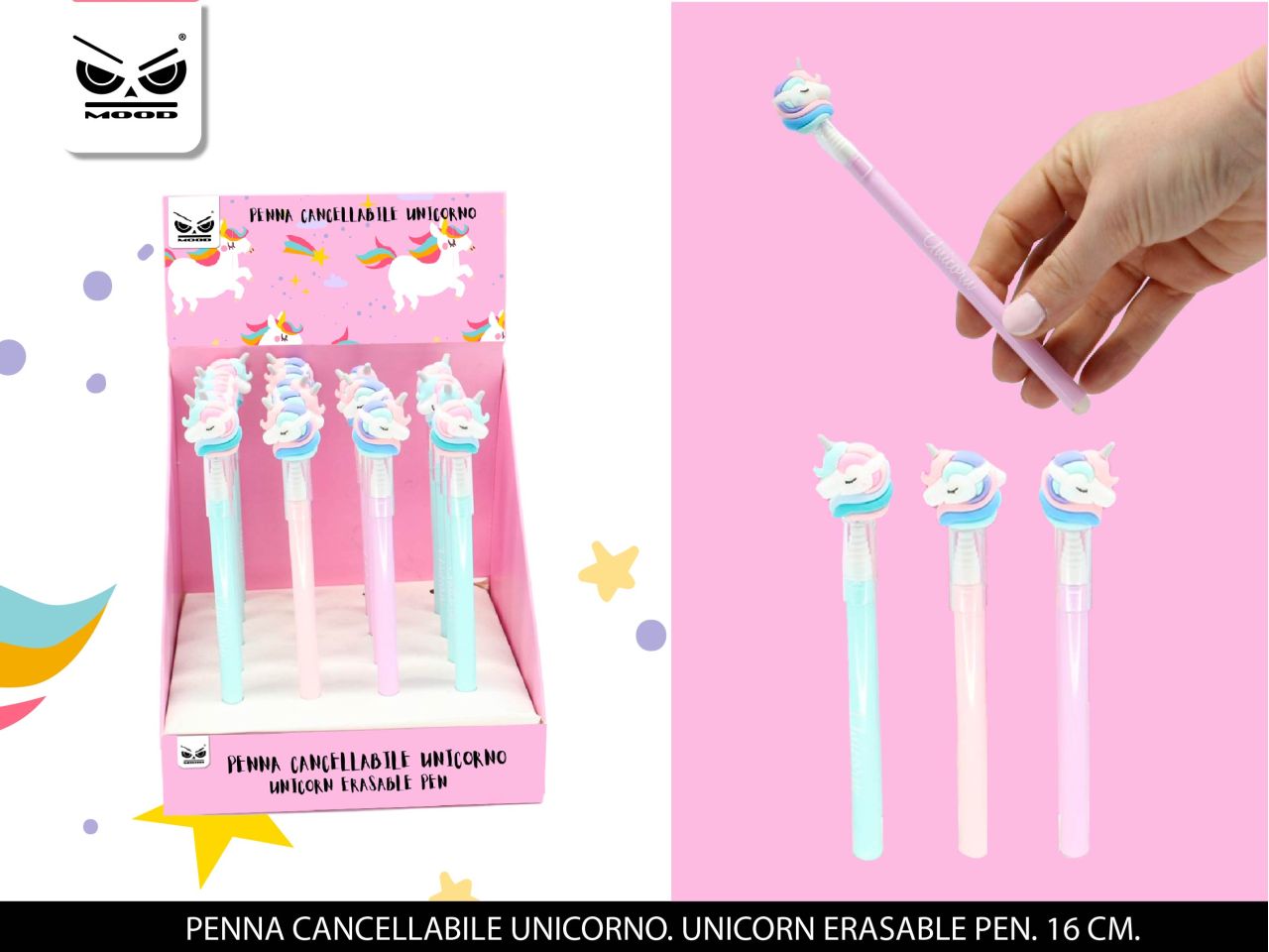 Penna cancellabile unicorno con inchiostro liquido blu punta da 0,5mm misura 16cm