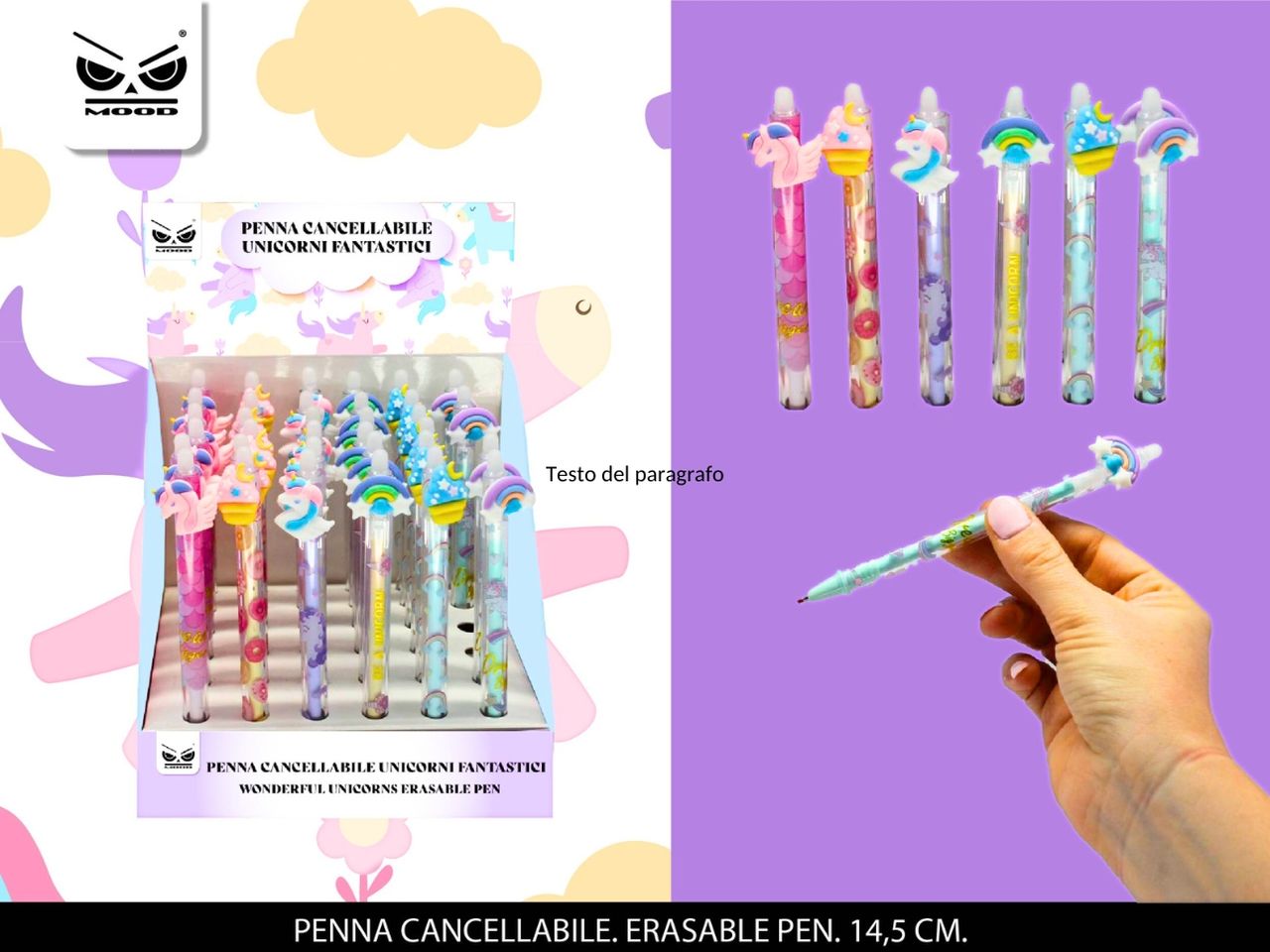 Penna cancellabile unicorni fantastici con inchiostro liquido blu punta da 0,5mm misura 14,5cm