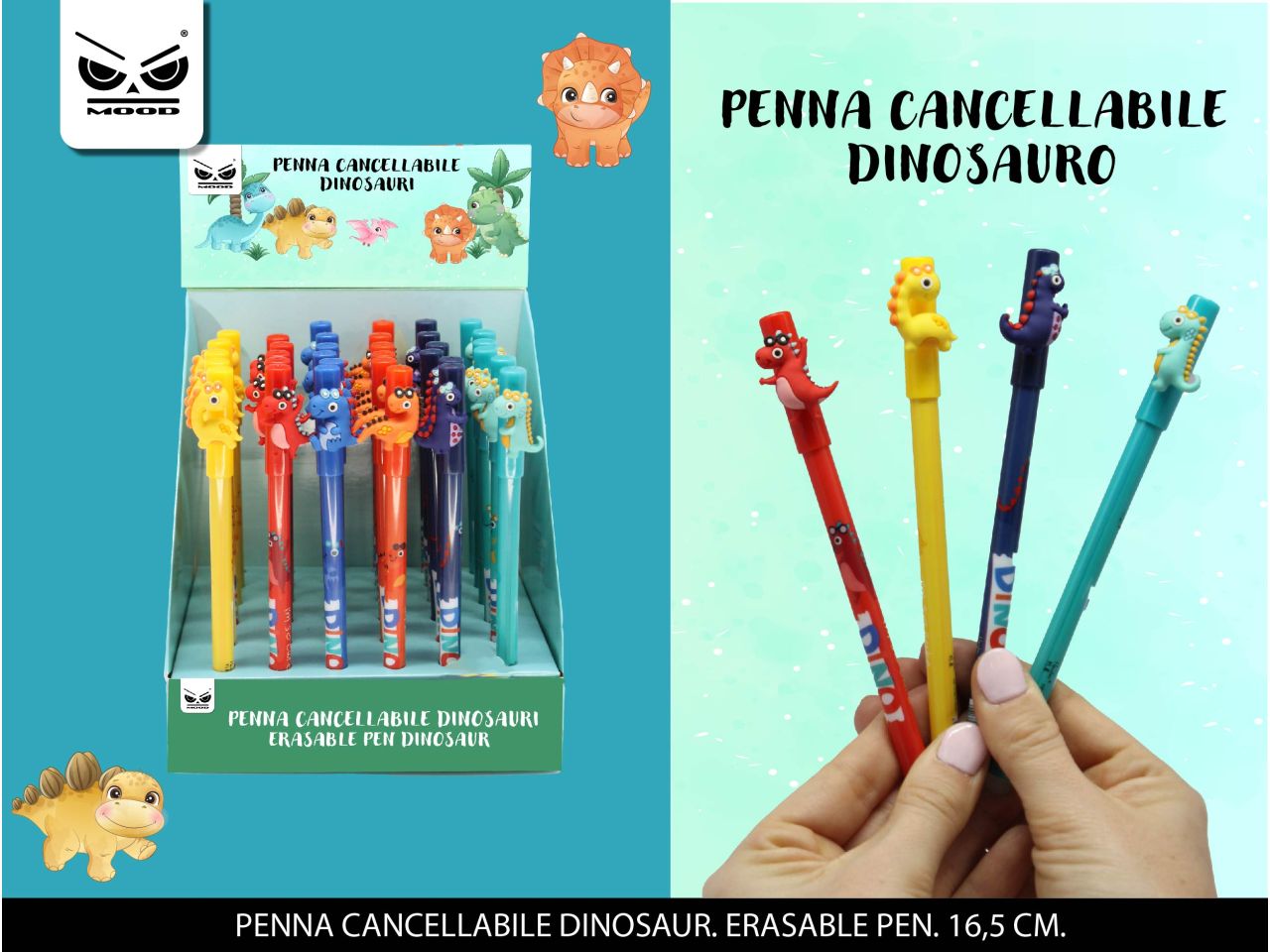 Penna cancellabile dinosauro con inchiostro liquido blu punta da 0,5mm misura 16cm