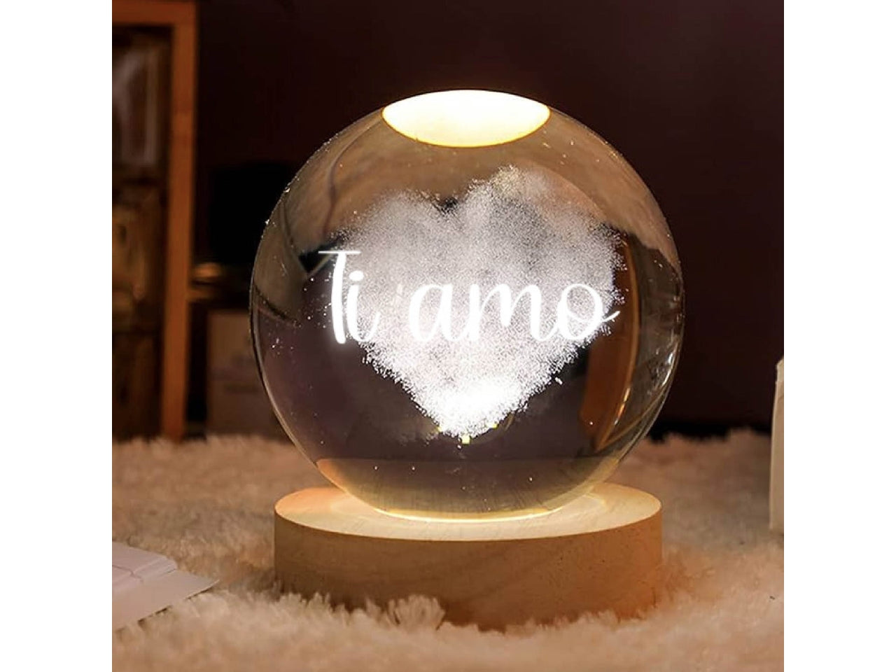 Sfera con luce notte decorativa con base in legno e scritta ti amo