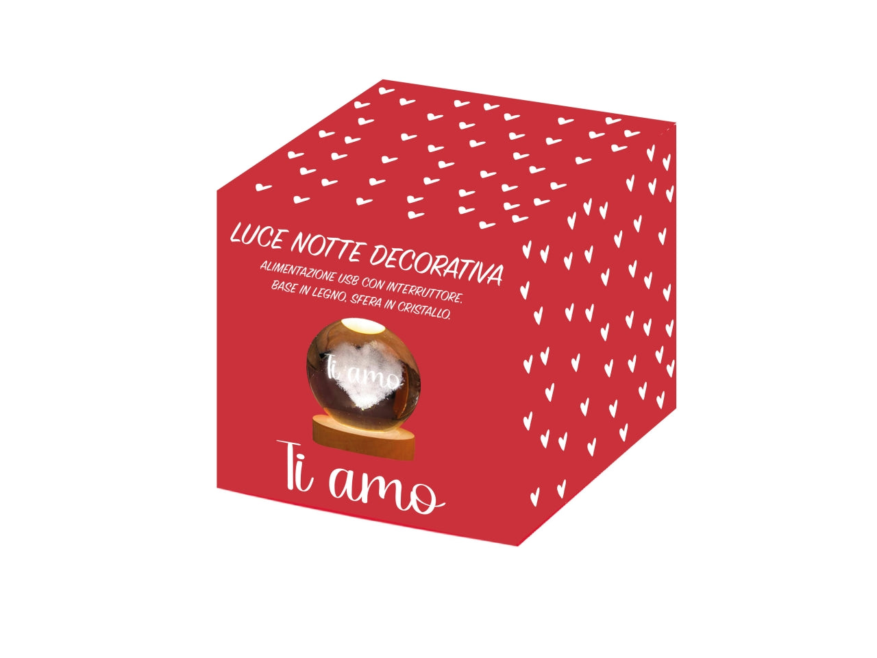 Sfera con luce notte decorativa con base in legno e scritta ti amo