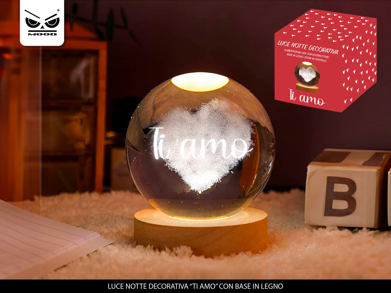 Sfera con luce notte decorativa con base in legno e scritta ti amo