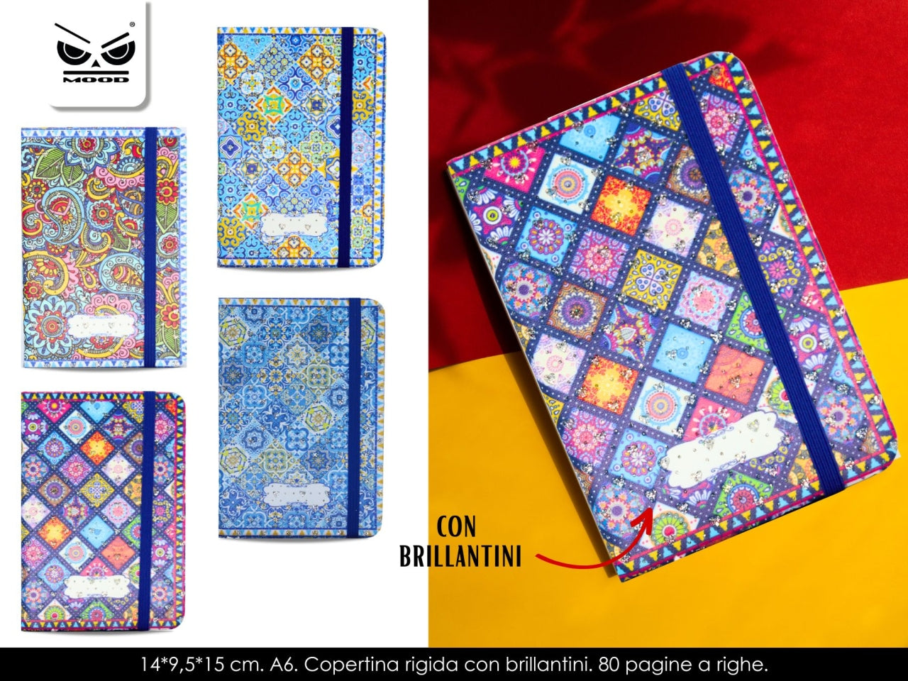 Taccuino A6 con copertina rigida e decoro maioliche, 4 fantasie assortite in vari colori - 14x9,5x15 cm - Mood