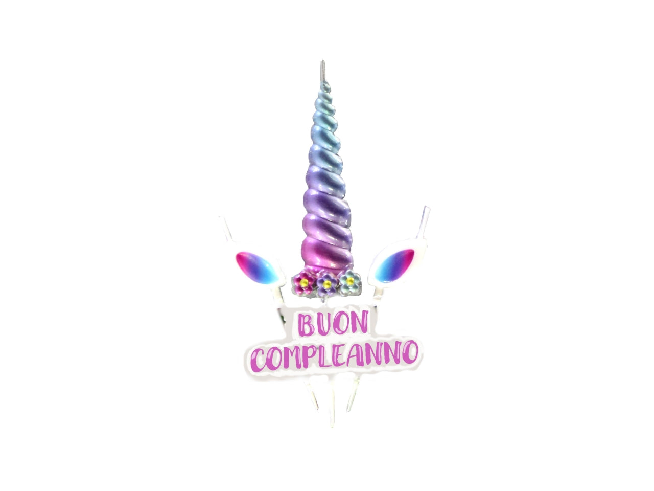 Candela unicorno con corno e scritta buon compleanno