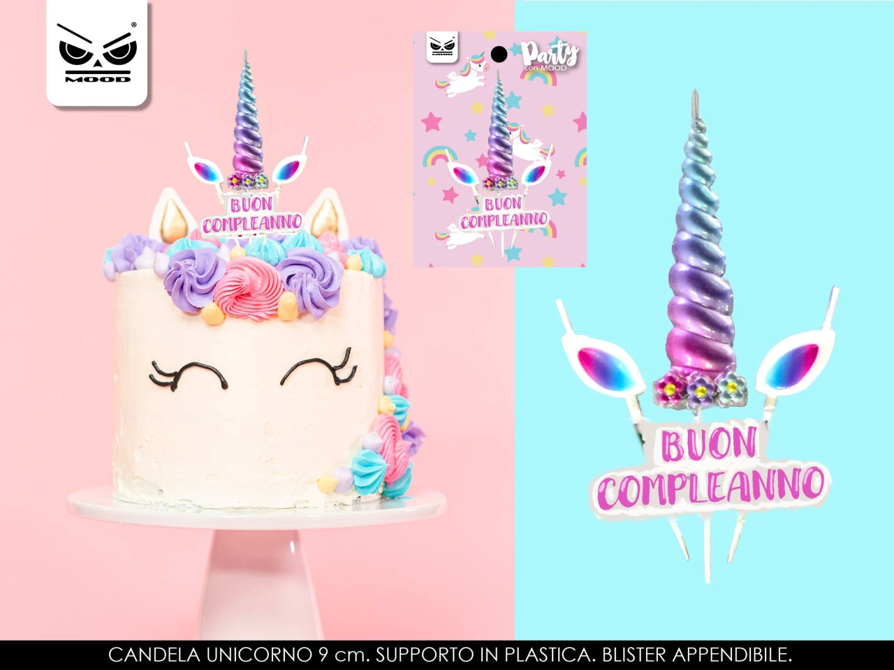 Candela unicorno con corno e scritta buon compleanno