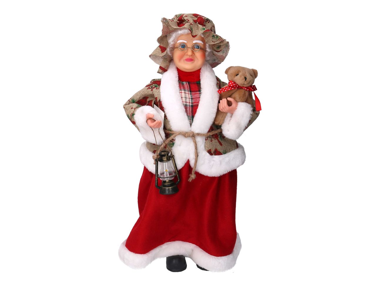 Babbo natale signora in tessuto con uccellini colore rosso misura h.45cm