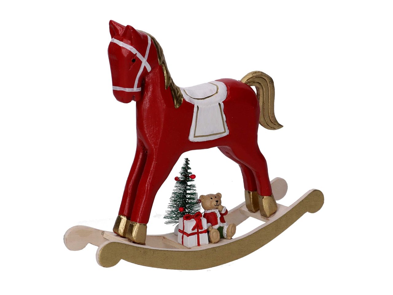 Cavallo a dondolo in legno colore oro e rosso misura 13,5x4xh.14cm