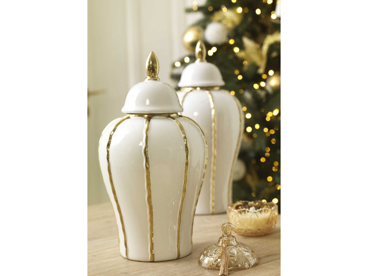 Vaso con coperchio  in ceramica bianco e dorato 19,5x36,5 cm - Vacchetti