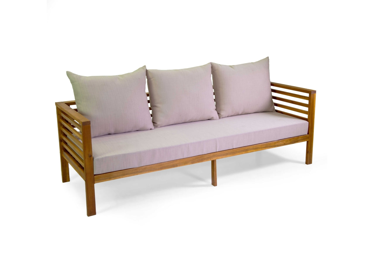 Salotto in legno miramar colore naturale 3 posti con cuscini color sabbia