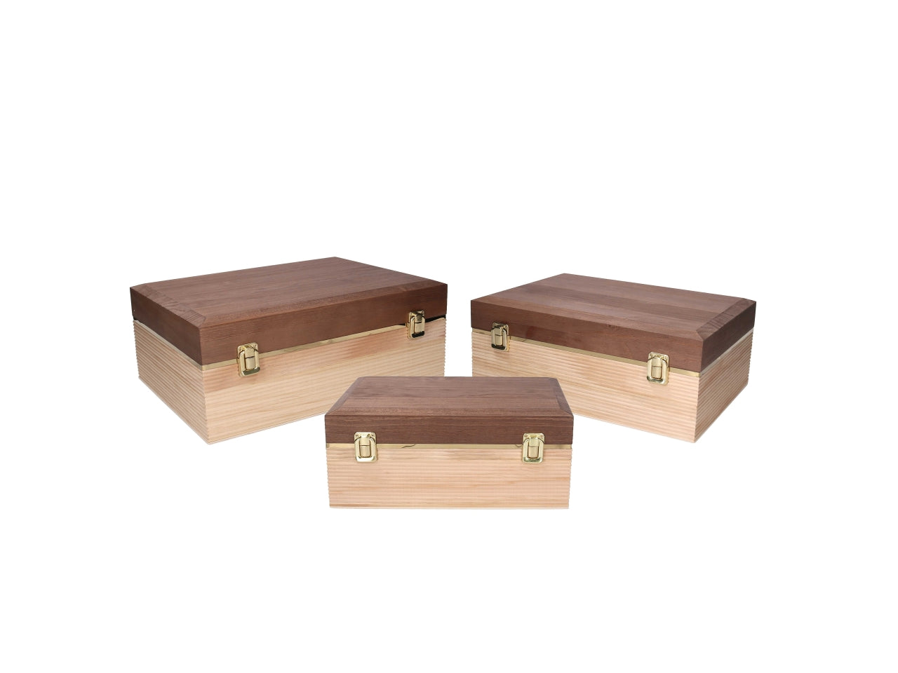 Set 3 scatole in legno naturale e noce 31x21x13cm-34,6x24,5x14cm-38x28x15,3cm