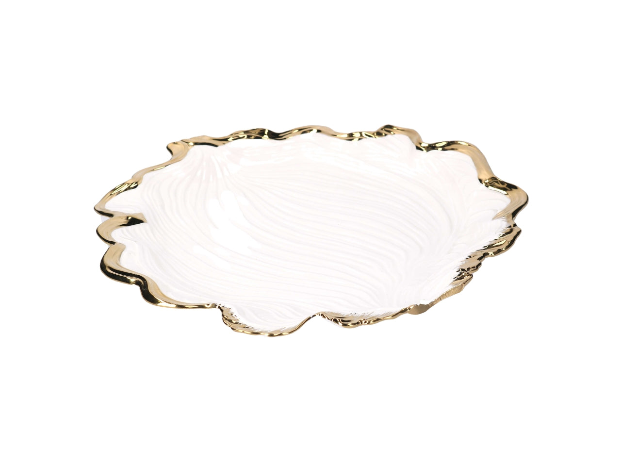 Svuotatasche in ceramica a forma di foglia oro e bianco 33,5x31,5x2,8cm