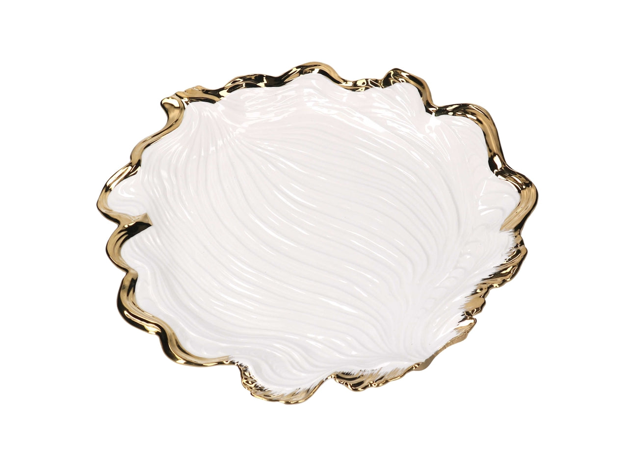 Svuotatasche in ceramica a forma di foglia oro e bianco 33,5x31,5x2,8cm
