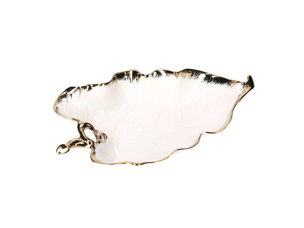 Svuotatasche in ceramica a forma di foglia oro e bianco 30,3x20x6cm
