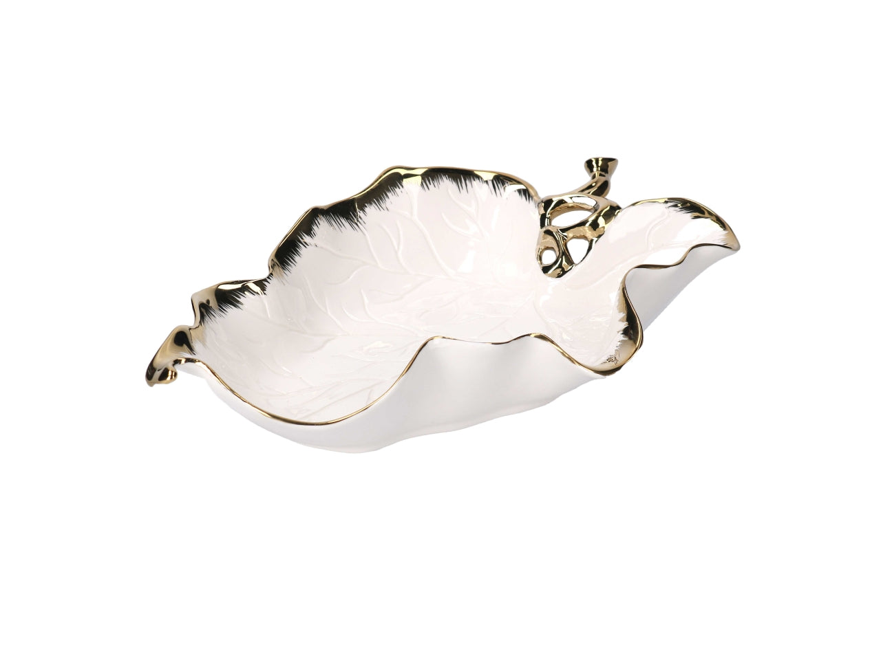 Svuotatasche in ceramica a forma di foglia oro e bianco 30,3x20x6cm
