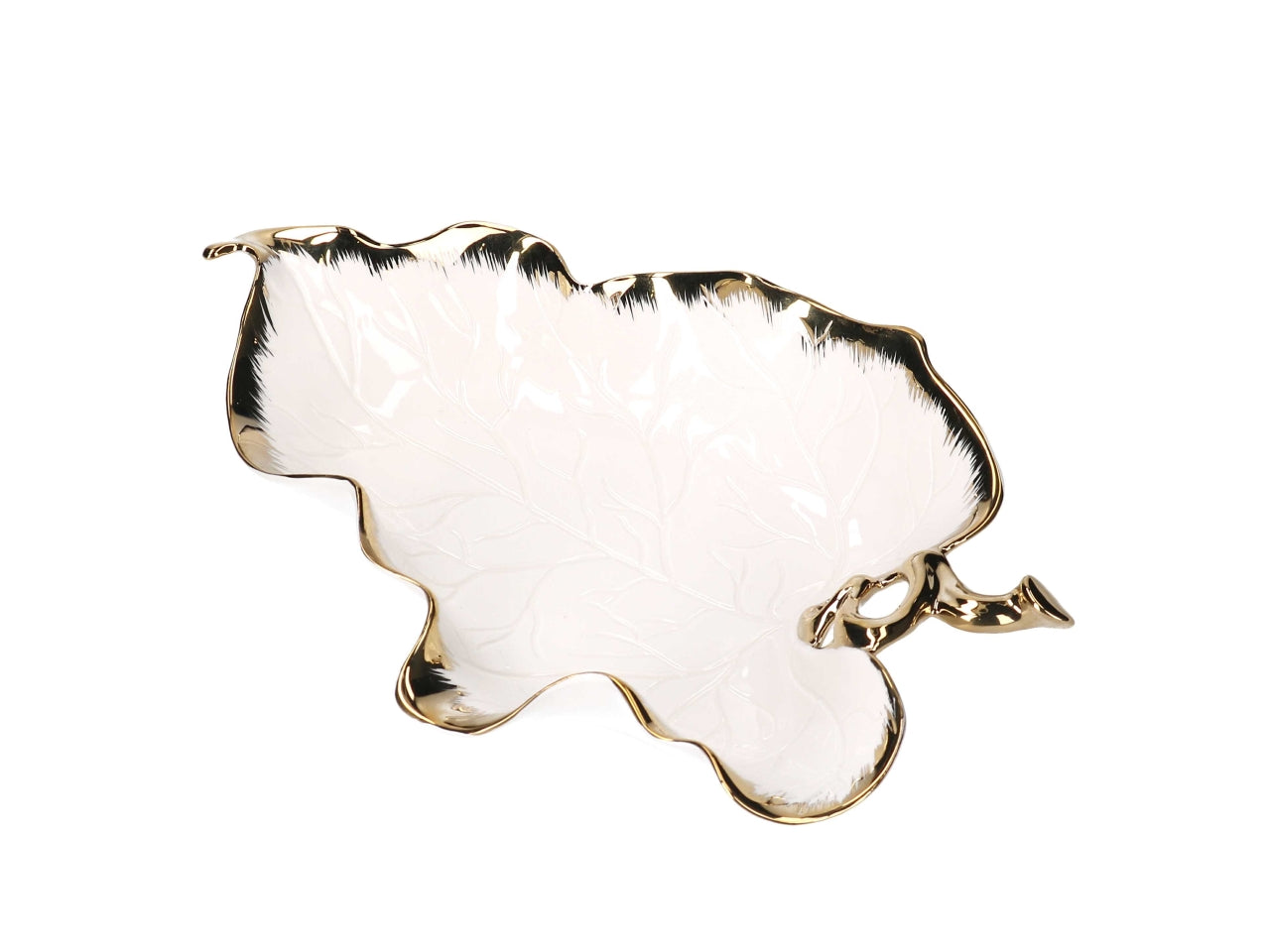Svuotatasche in ceramica a forma di foglia oro e bianco 30,3x20x6cm