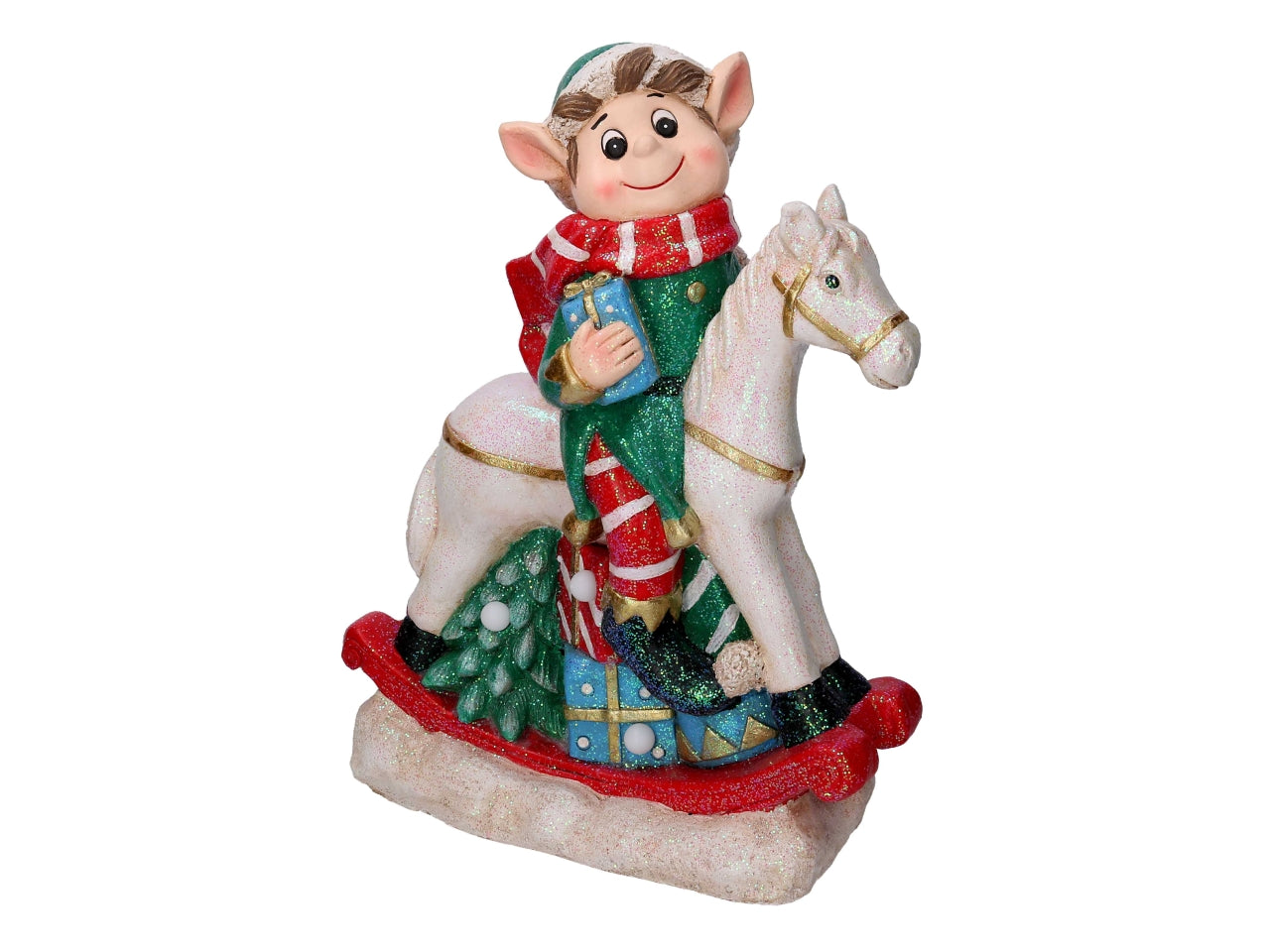 Elfo resina su cavallo a dondolo con led 36x17x46cm