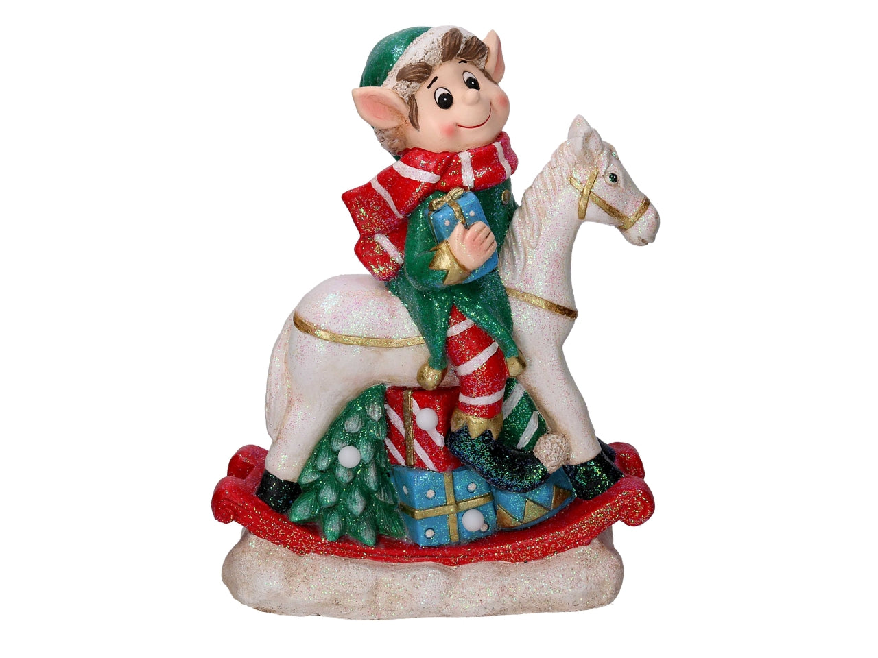 Elfo resina su cavallo a dondolo con led 36x17x46cm