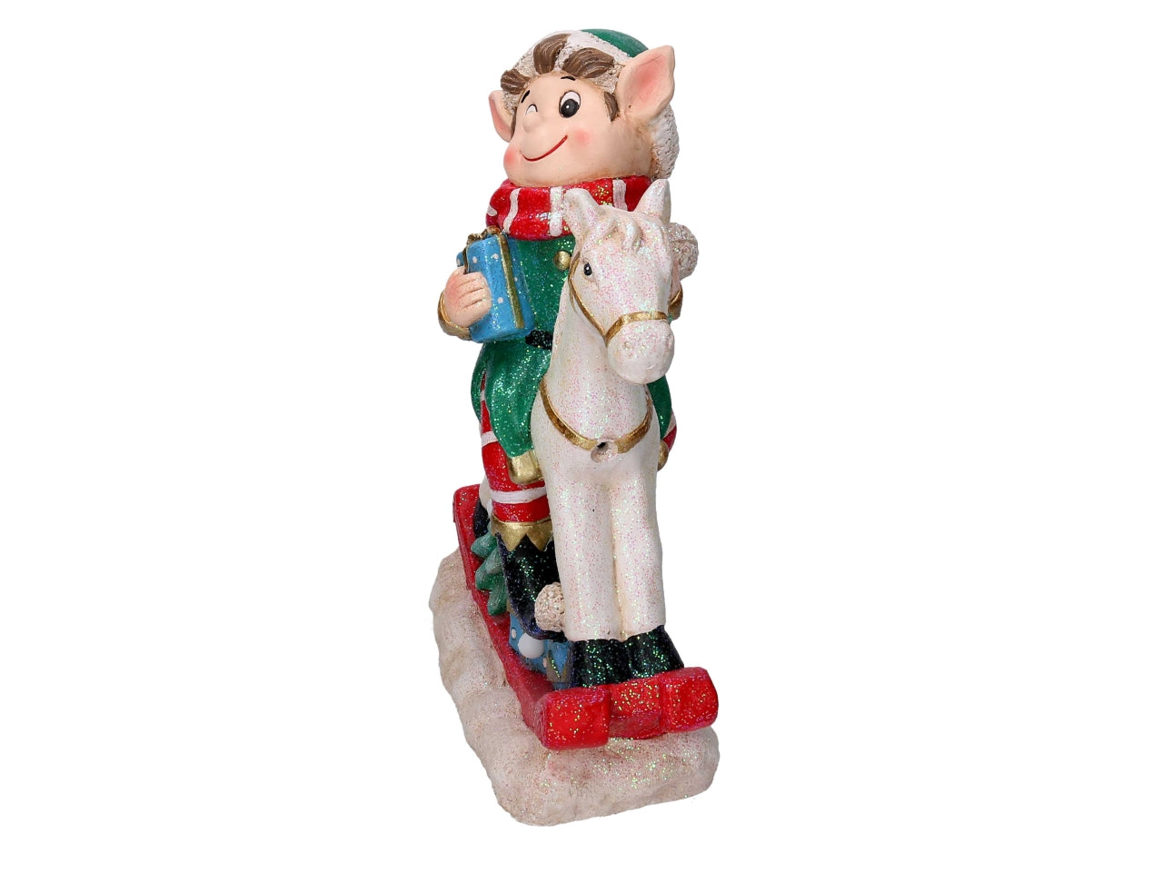 Elfo resina su cavallo a dondolo con led 36x17x46cm