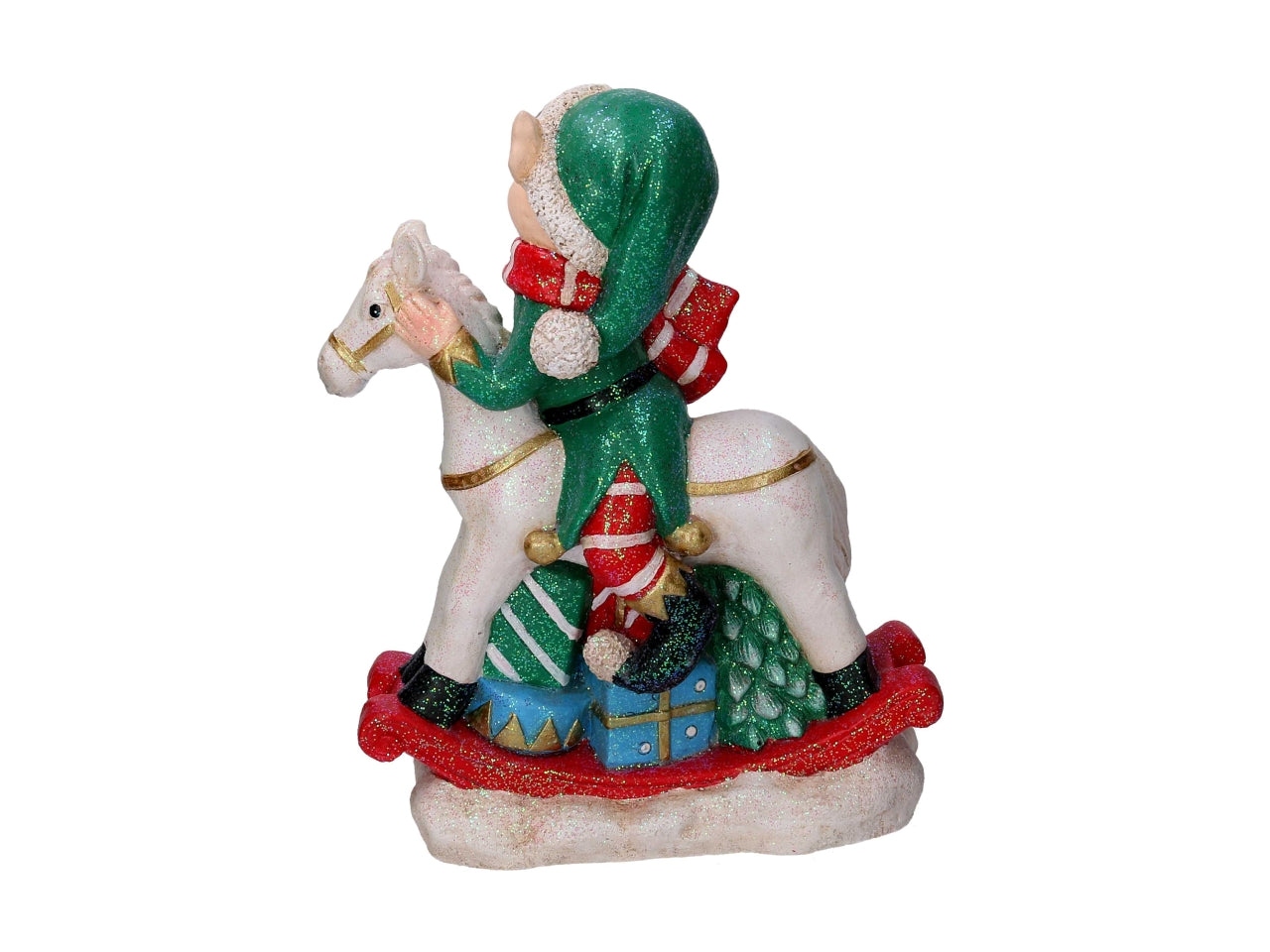 Elfo resina su cavallo a dondolo con led 36x17x46cm