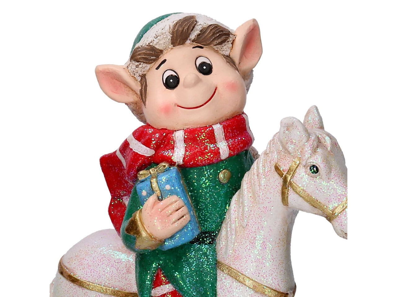 Elfo resina su cavallo a dondolo con led 36x17x46cm