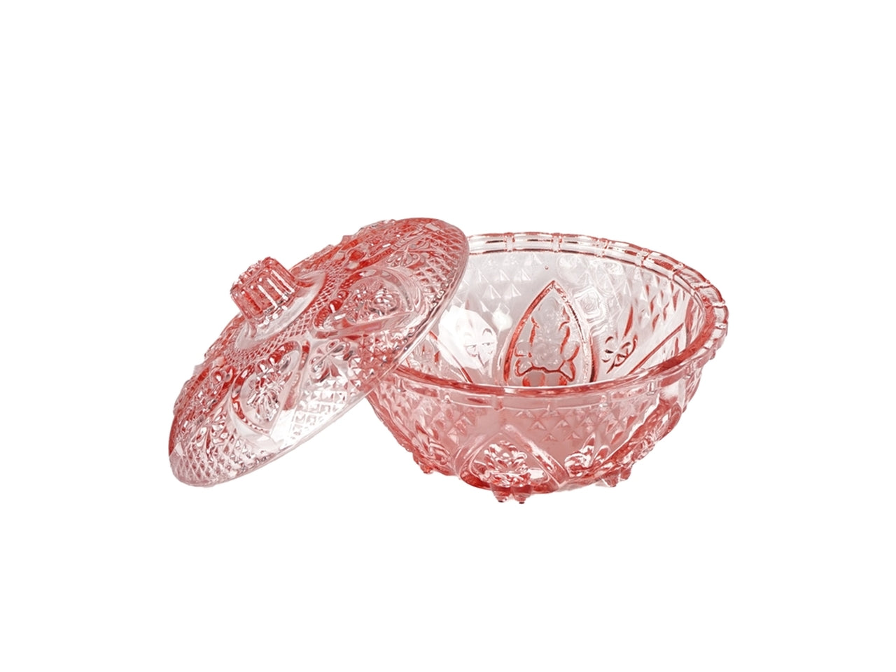 Ciotola con coperchio classica in vetro, decoro a rilievo, rosa - 10x17 cm - Plàthea