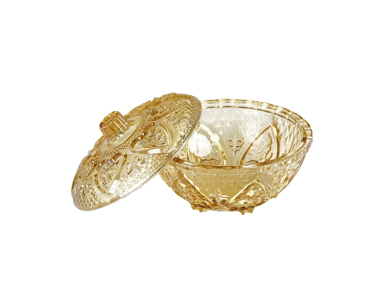 Ciotola con coperchio classica in vetro, decoro a rilievo, gialla - 10x17 cm - Plàthea
