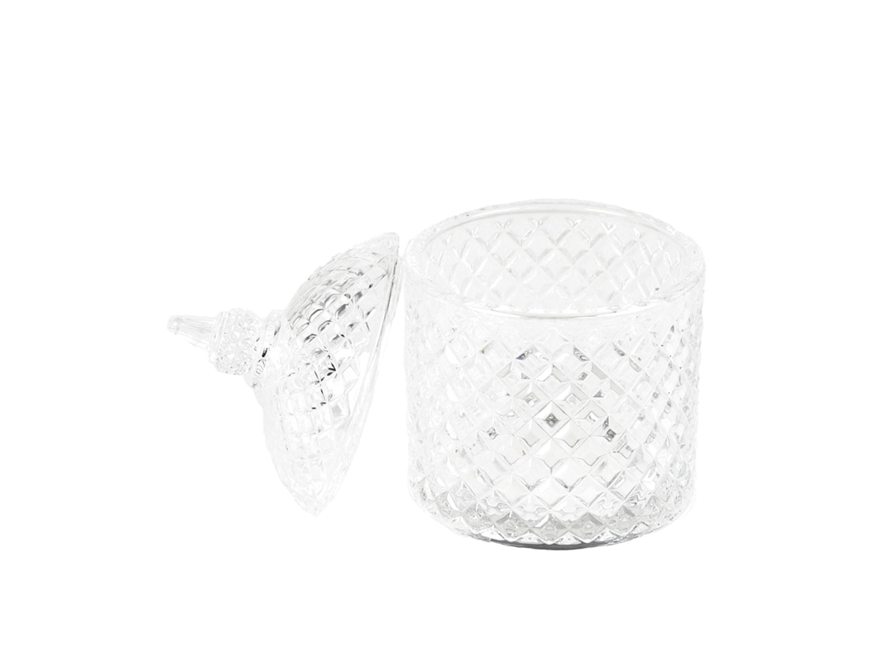 Coppetta classica con coperchio in vetro trasparente e decoro arilievo, d.10x15 cm - Plàthea