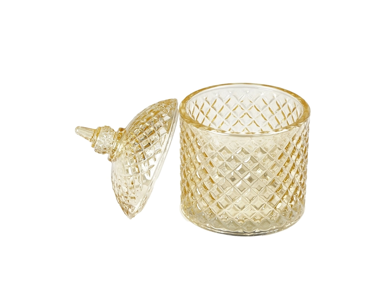Vaso con coperchio classico in vetro con coperchio e decoro a rilievo, giallo -15x10 cm - Plàthea