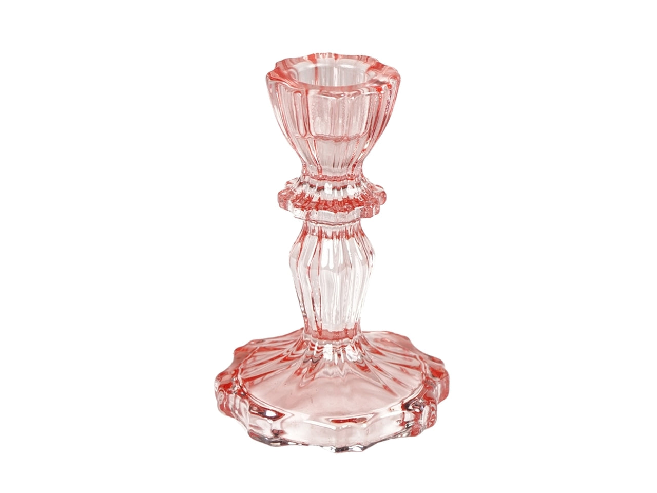 Portacandela classico in vetro rosa traslucido con decorazione a rilievo - 11x7 cm - Plàthea