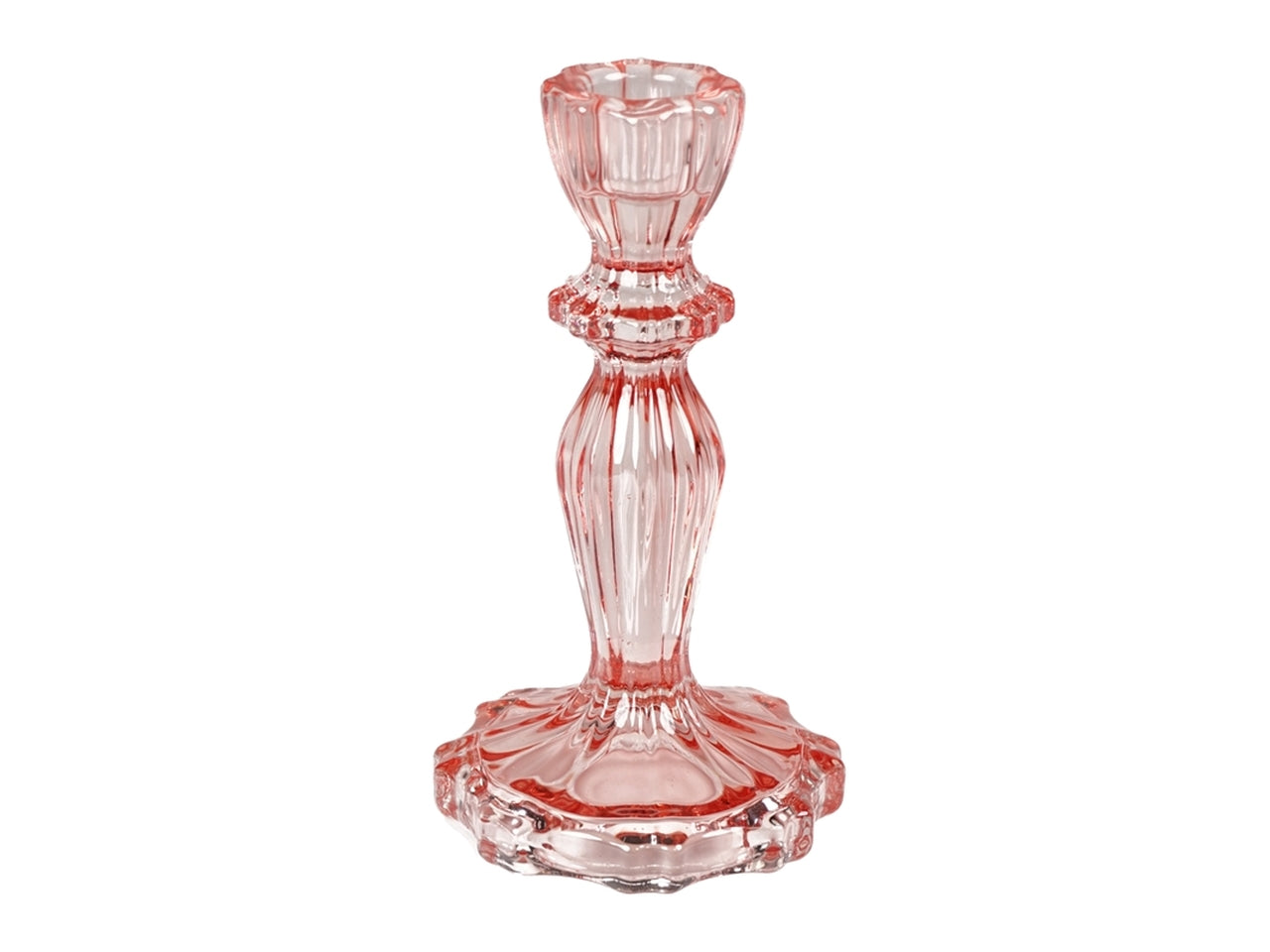 Portacandela classico in vetro rosa traslucido con decorazione a rilievo - 16x8 cm - Plàthea