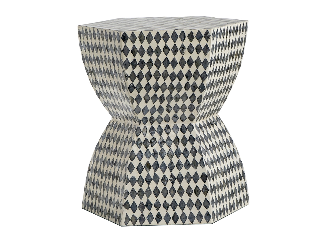 Sgabello decorativo effetto mosaico madreperla, stile etnico, avorio e nero, in mdf e conchiglie - 38x46cm - Plàthea