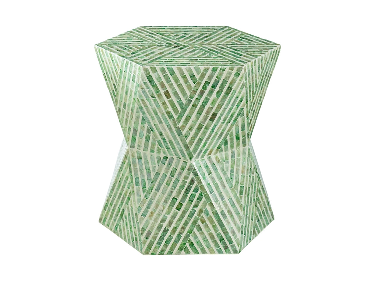 Sgabello decorativo effetto mosaico madreperla, stile etnico, avorio e verde, in mdf e conchiglie - 38x46cm - Plàthea