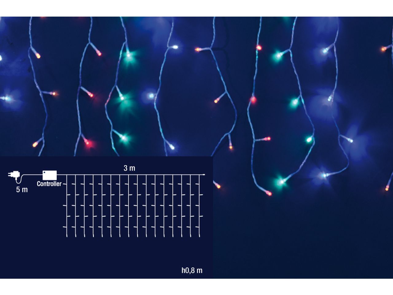 Tenda di luci natalizia a cascata con 96 led multicolor con 8 funzioni 24v misura 3mtx0,80cm