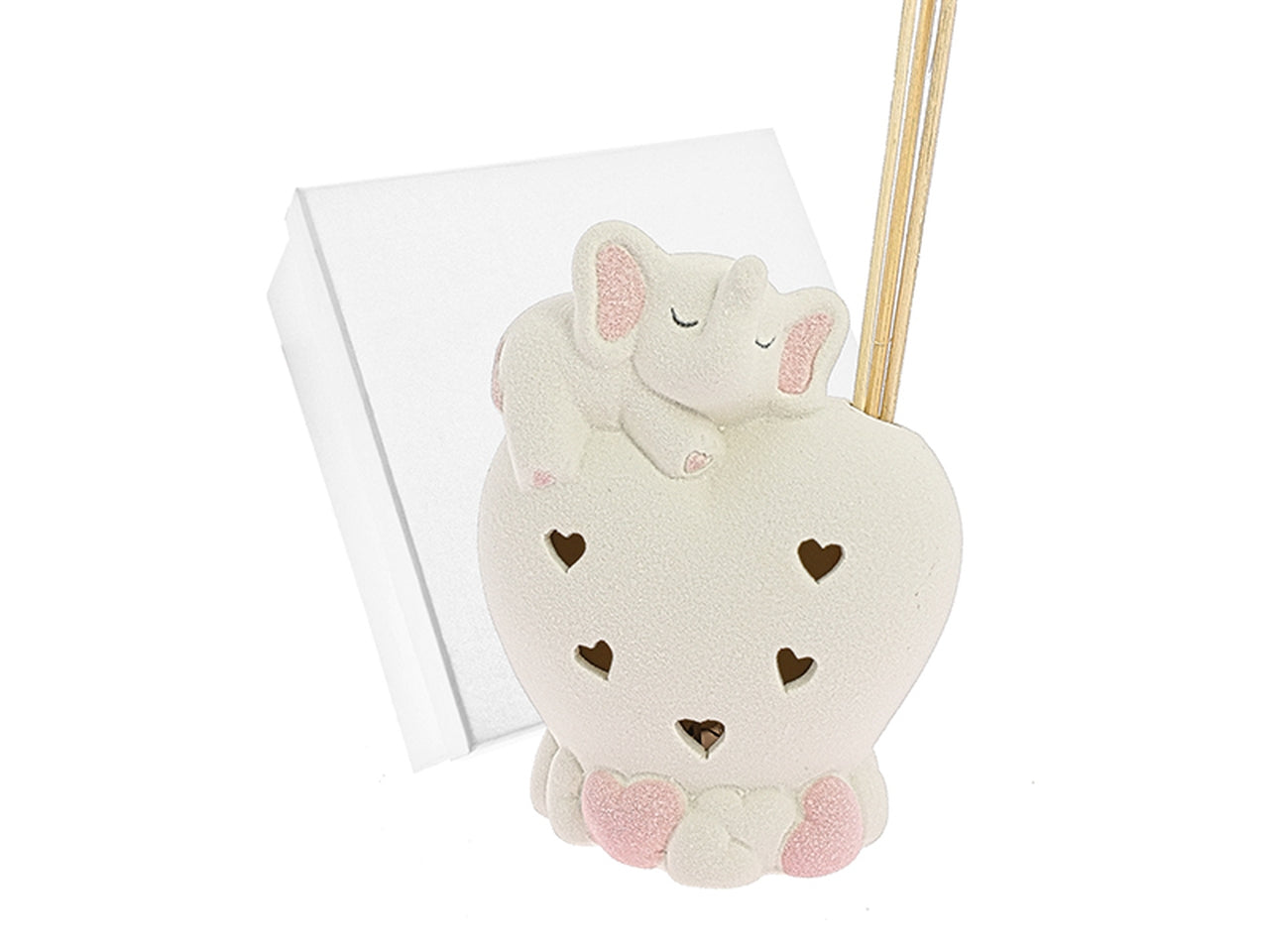 Profumatore led elefante rosa su cuore traforato in porcellana matta misura 10x13cm + stecche con astuccio
