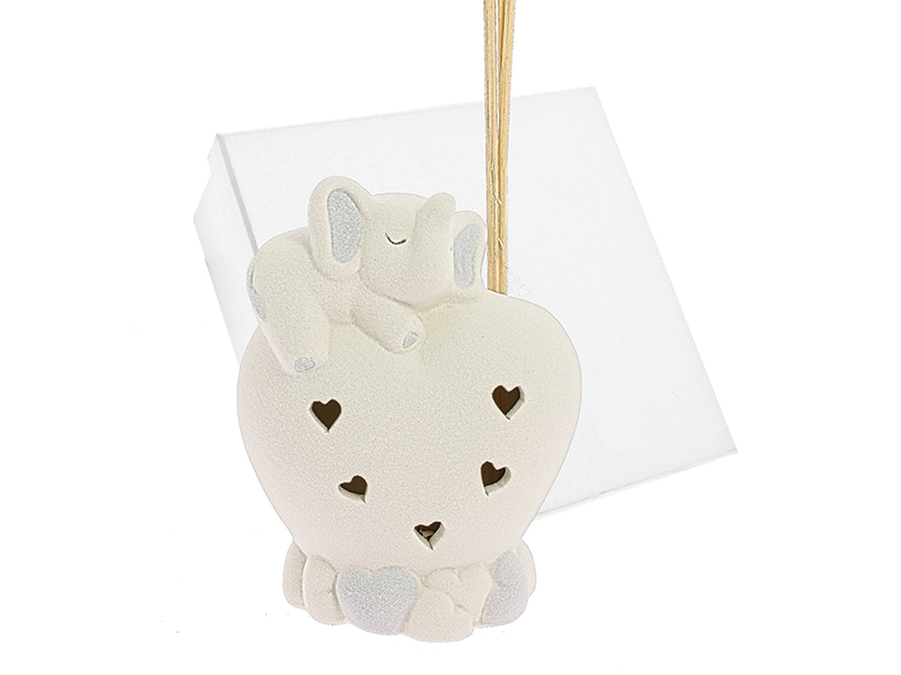 Profumatore led elefante cielo su cuore traforato in porcellana matta misura 10x13cm + stecche con astuccio