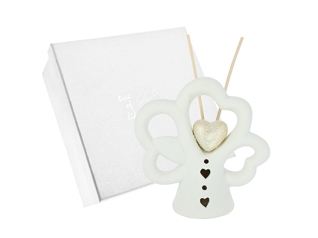 Profumatore albero led in porcellana matta con cuoricino oro misura 13x13cm + stecche con astuccio