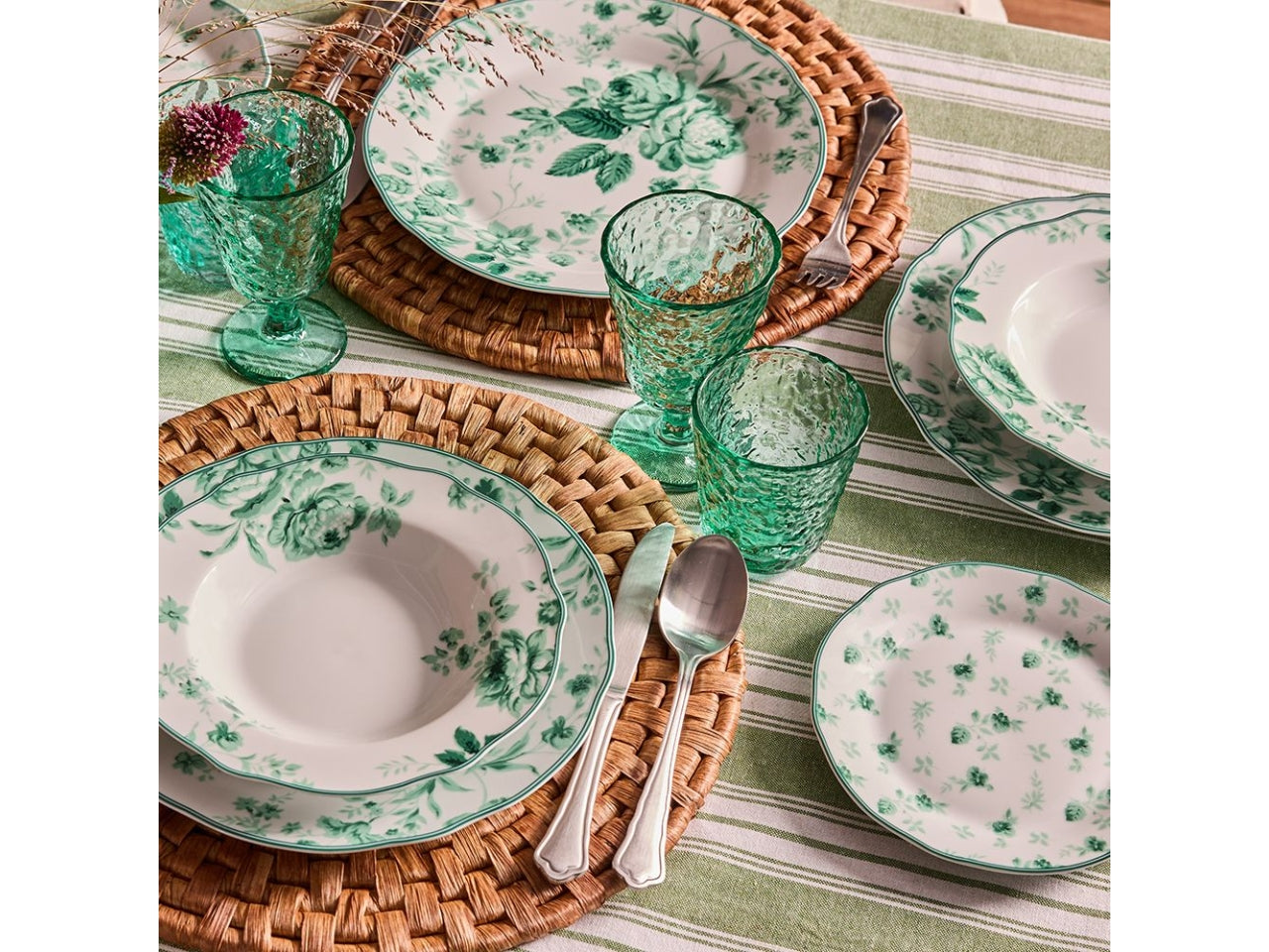 Servizio piatti porcellana country floreale verde e bianco 6 persone, Botanika - Tognana