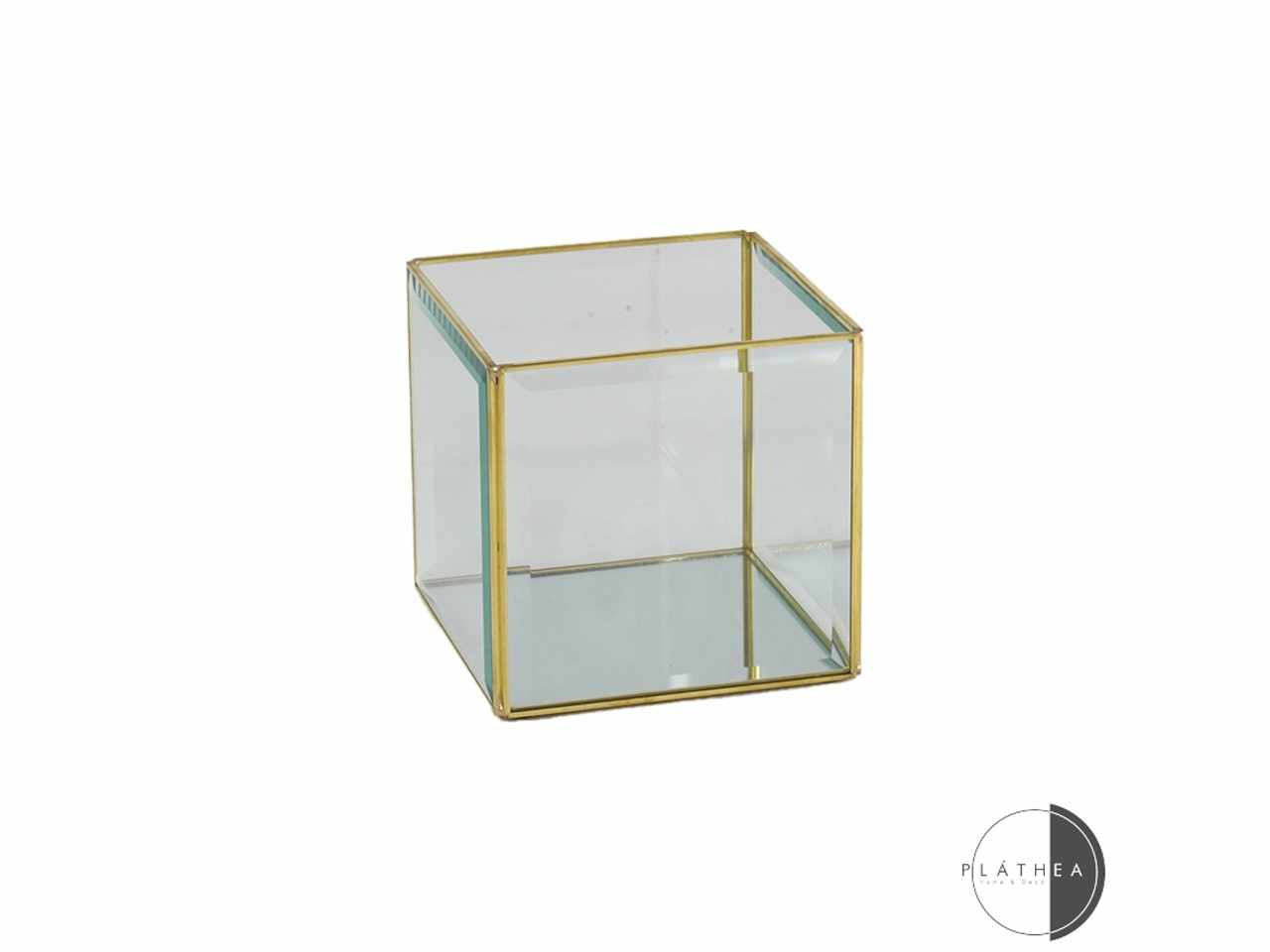 Portacandela in vetro 11x11x11cm con bordino in metallo oro