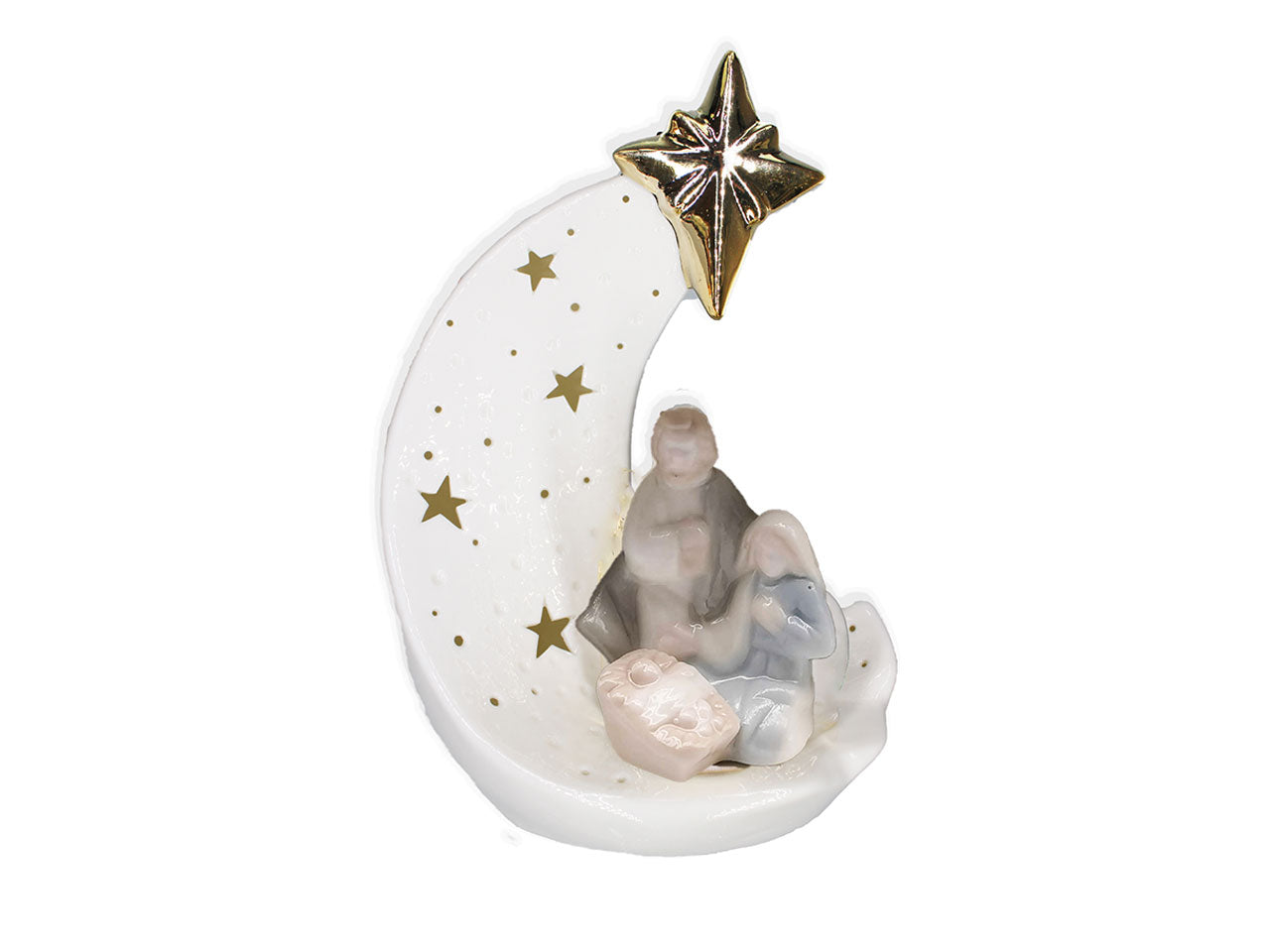 Statua luna natalizia con natività in porcellana lucida con led 18,5x12,8x7,7 cm - Giardini di Marzo