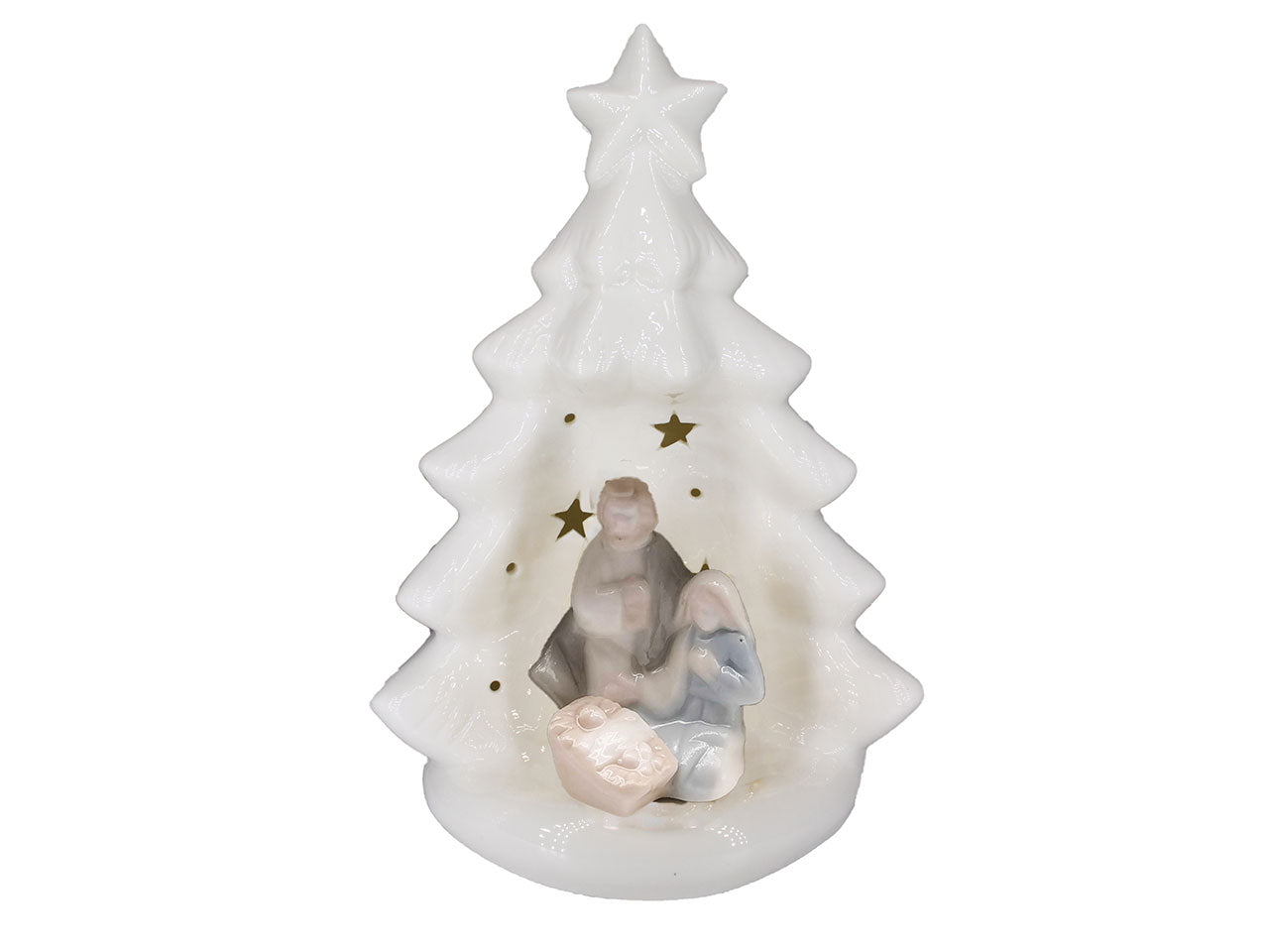 Statua albero natalizio con natività in porcellana lucida con led 20,3x14x10,5 cm - Giardini di Marzo