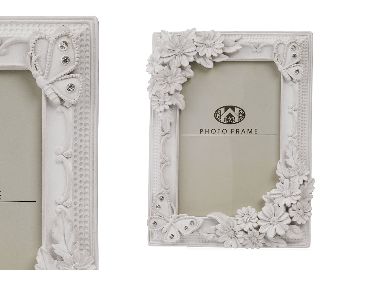 Cornice portafoto in resina bianco stile romantico con dettagli fiori e farfalle 20x25 cm - Giardini di Marzo