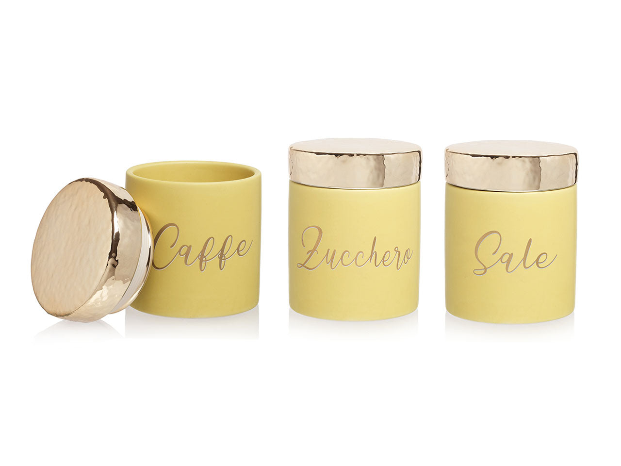 Barattoli decorativi moderni in ceramica giallo e oro 11x13,5 cm, set da 3 - Giardini di Marzo