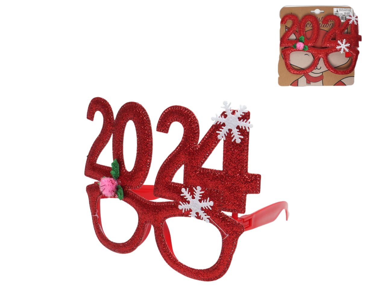 Occhiali natalizi glitterati con scritta 2024 misura 12x10cm